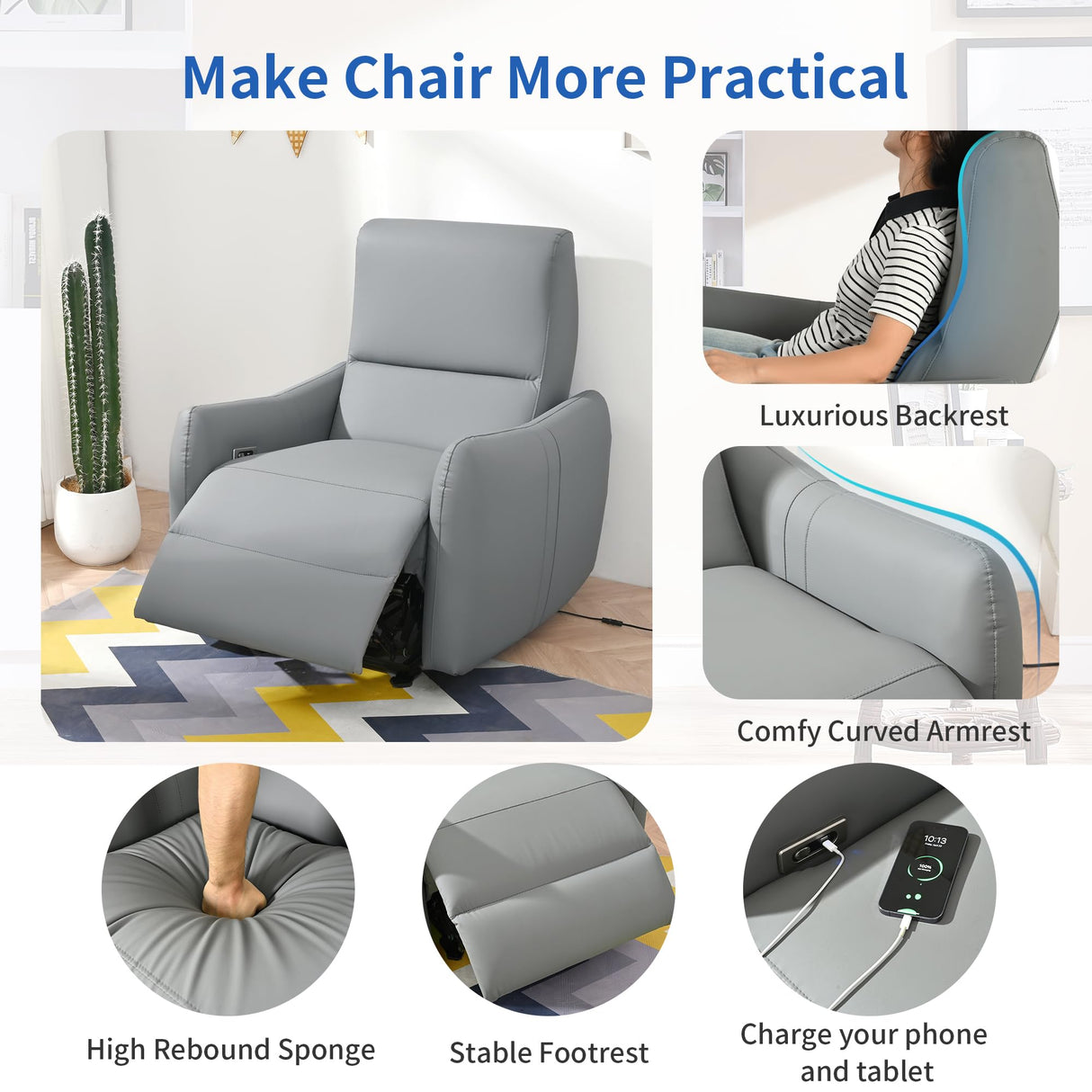 QKFF Wall Hugger Power Recliner Chair, Zero Wall Electric Recliner Chairs with USB Port, Space Saving Large Recliner for Living Room, RV, Home Theater QKFF