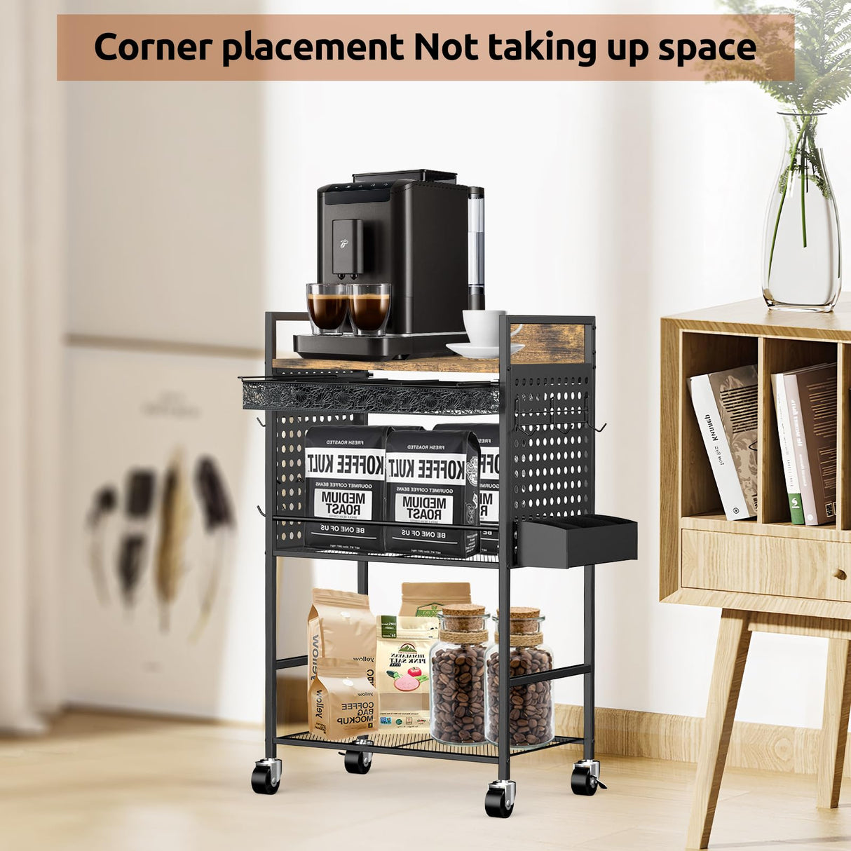 Kwynsa Coffee Bar Cabinet with Power Outlet, Coffee car with Lockable Wheels,Coffee Pod Holder,for Office,Living Room and Small Space,(Rustic Brown) Kwynsa