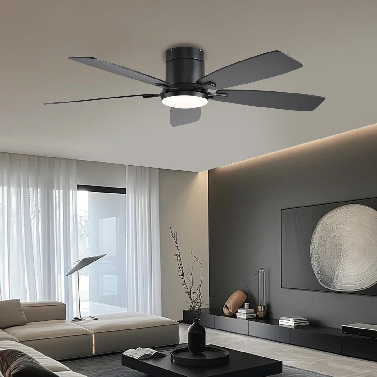 52inch Ceiling Fans with Lights, Low Profile Ceiling Fan with Light and Remote/APP Control, Flush Mount, Reversible Motor, Dimmable LED, Noiseless, Black Ceiling Fan for Bedroom Indoor Outdoor Use FUMLTP