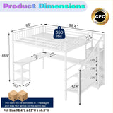 Queen Size Loft Bed with Desk and Stairs, Gaming Loft Bed with RGB LED Light and Storage, Heavy-Duty Metal Loft Beds Frame with Wardrobe, Shelves and Charging Station for Adults Kids Teens, White Mirightone