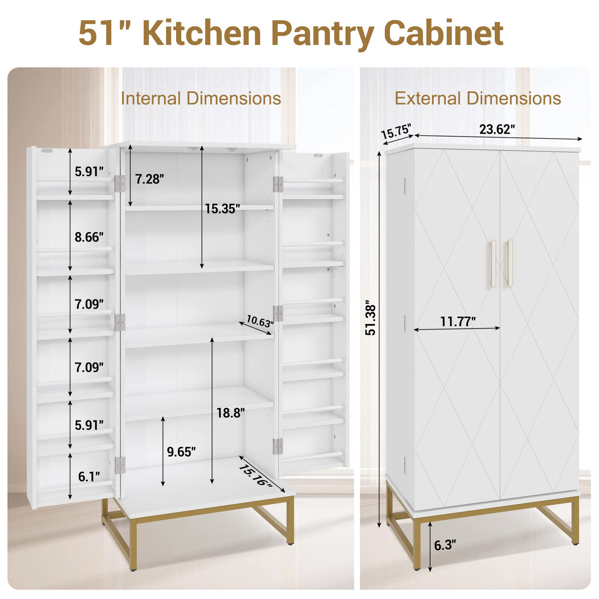 kepptory 51” Pantry Cabinets, White Freestanding Kitchen Pantry Storage Cabinet with Adjustable Shelves, Buffet Cupboards Storage Cabinet for Home Office Use, White + Gold kepptory