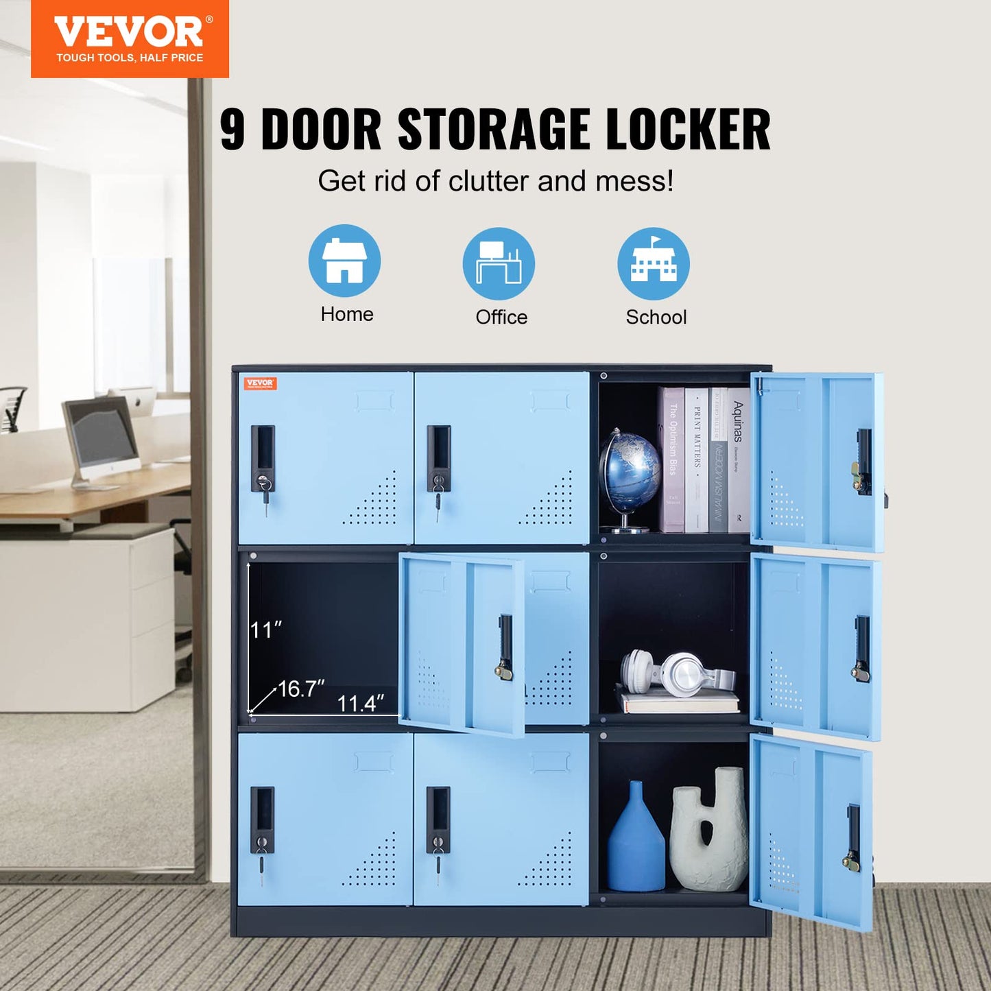 VEVOR Metal 9 Doors Cabinet with Card Slot, Employee Keys, 66lbs Loading Capacity Storage Lockers for Office, Home, School, Gym, Black-Blue - WoodArtSupply