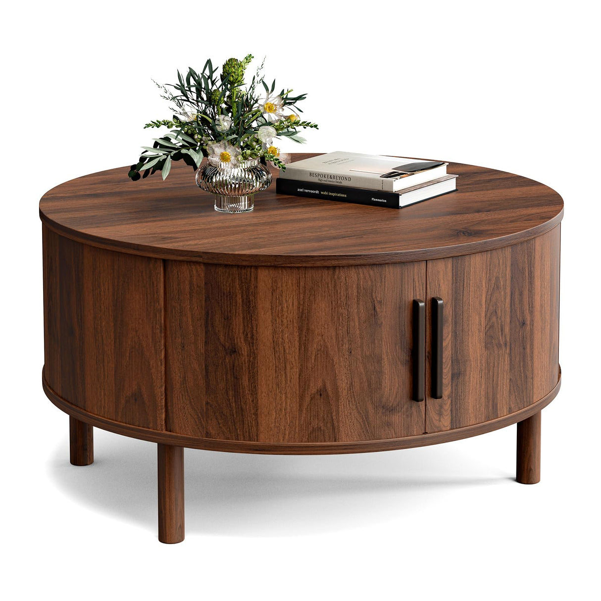 ZttRiee Coffee Table for Living Room, Modern Round Coffee Table with Cabinets & Sliding Doors, Home Small Space, 29.9" Fluted Center Table, Walnut ZttRiee
