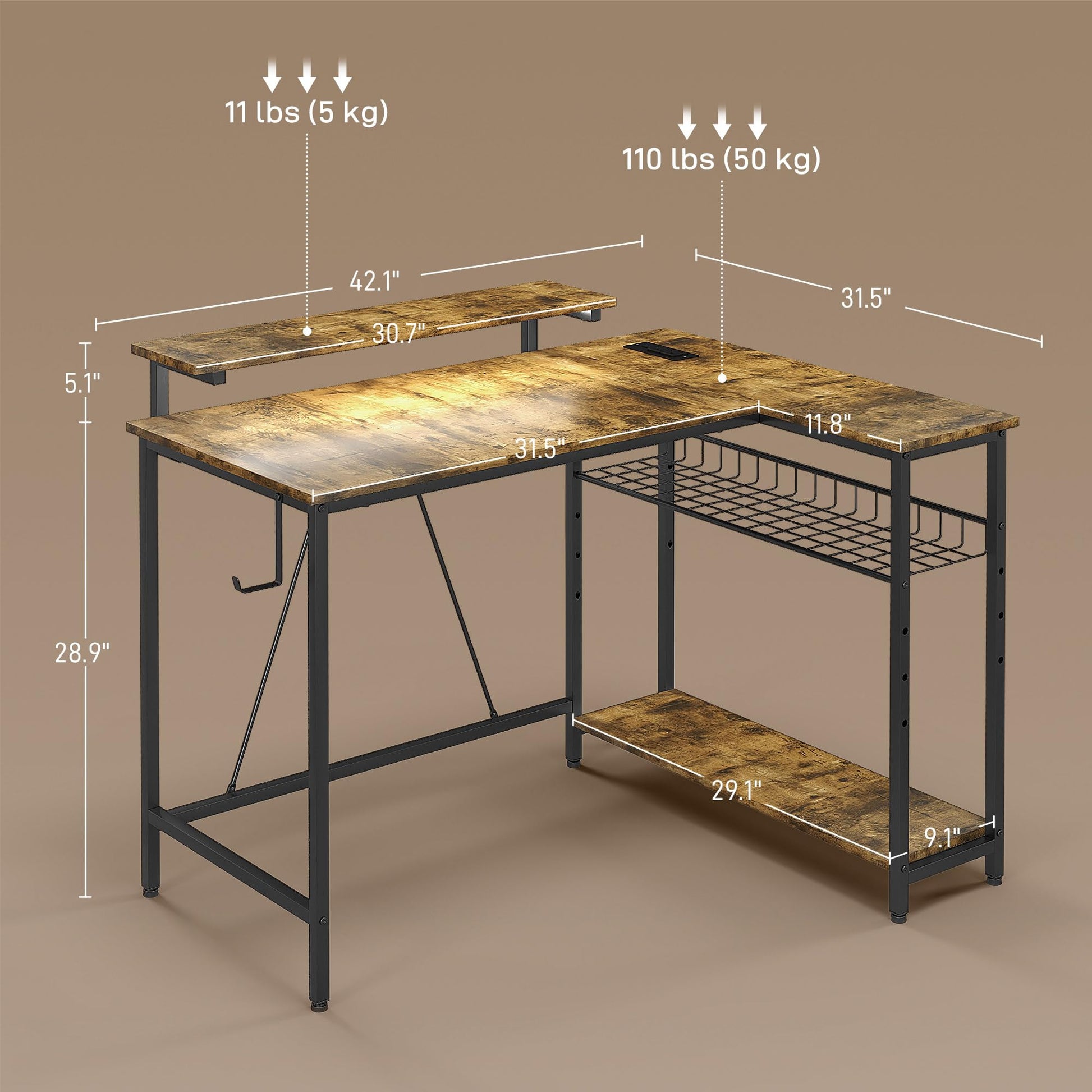 HOMCOM 42" L Shaped Desk with LED Lights, Power Outlet, USB Charging Ports, Reversible L Shaped Computer Desk with Storage Shelves, Monitor Stand, Corner Gaming Desk for Home Office, Rustic B - WoodArtSupply