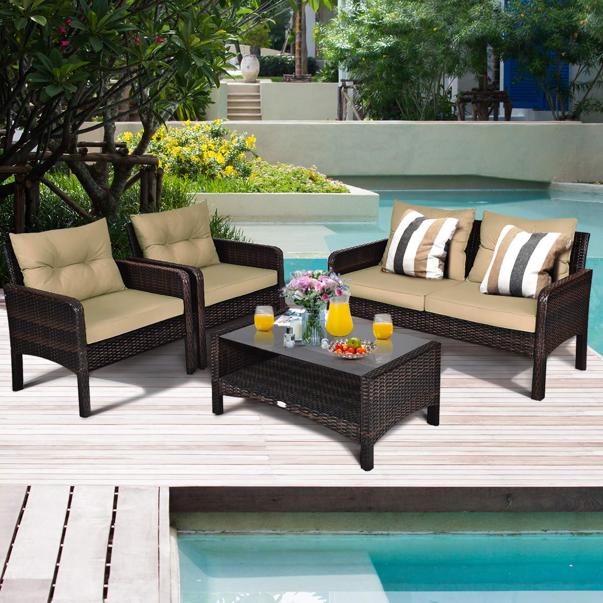 Tangkula 4 Piece Patio Furniture Set, Outdoor Wicker Conversation Set with Glass Top Coffee Table, All Weather Proof and Thick Cushions, Suitable for Porch, Garden, Poolside and Lawn (Brown) Tangkula