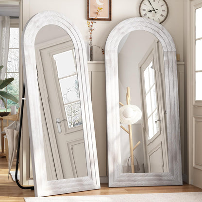 ZHUNFA Arched Full Length Mirror with Solid Wood Frame, 65x22 Farmhouse Wall Mirror Full Length with Stand, Vertical Hanging, Leaning Standing for Bedroom, Living Room, Rustic White - WoodArtSupply