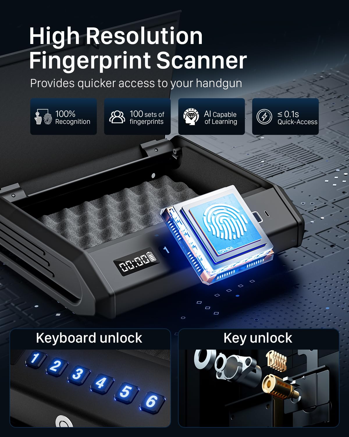 TOPMEDA Large Biometric Gun Safe fits 4 Pistols, 100 Sets of Fingerprint Handgun Safe with Internal Light & Silent Mode, Gun Lock Box for Home Bedroom Bedside Nightstand and Car TOPMEDA