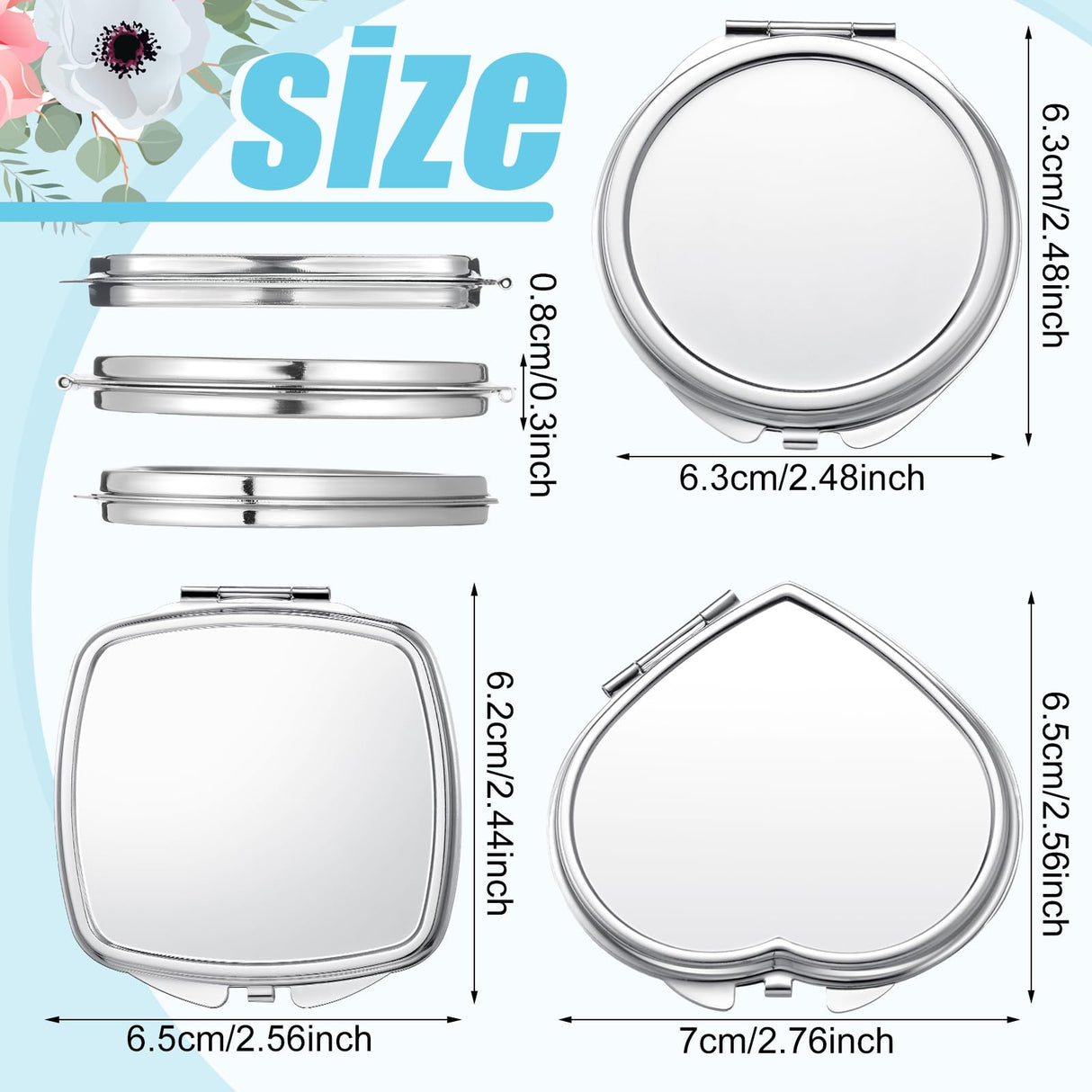 Jetec 18 Pcs Sublimation Blanks Products Small Compact Mirror Bulk Heat Transfer Folding Pocket Makeup Mirror Heart Round Square Double Sided Handheld Sublimation Mirror for Women Gift Purse Travel Jetec