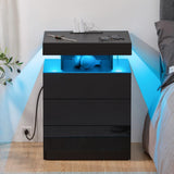 HOMMPA LED Nightstand with Wireless Charging Station & USB Ports, 3 Drawer Night Stand with LED Light RGB Adjustable Brightness, Smart Nightstand High Gloss Bedside Table for Bedroom Black HOMMPA