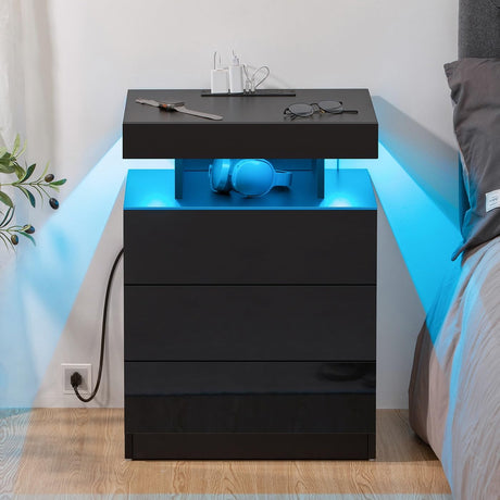 HOMMPA LED Nightstand with Wireless Charging Station & USB Ports, 3 Drawer Night Stand with LED Light RGB Adjustable Brightness, Smart Nightstand High Gloss Bedside Table for Bedroom Black HOMMPA
