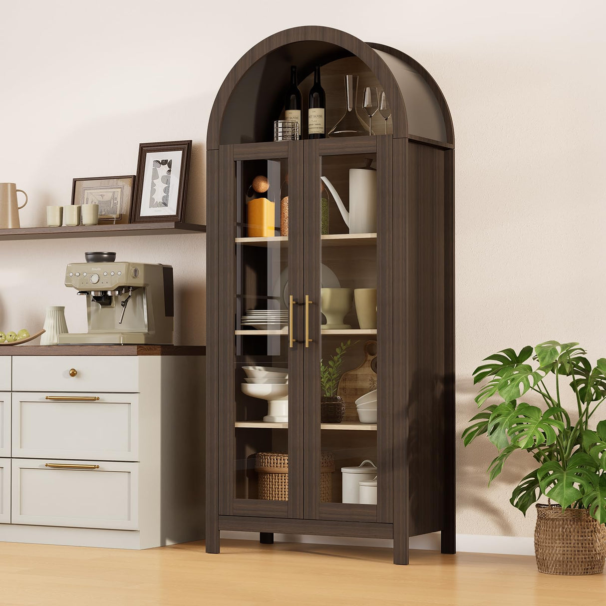 Skyrain 73'' Tall Arched Cabinet, Wood Kitchen Pantry Cabinets with Glass Doors, 5-Tier Storage Hutch with Adjustable Shelves & Metal Handles, Modern Bookcase for Dinning Room, Living Room, Brown Skyrain