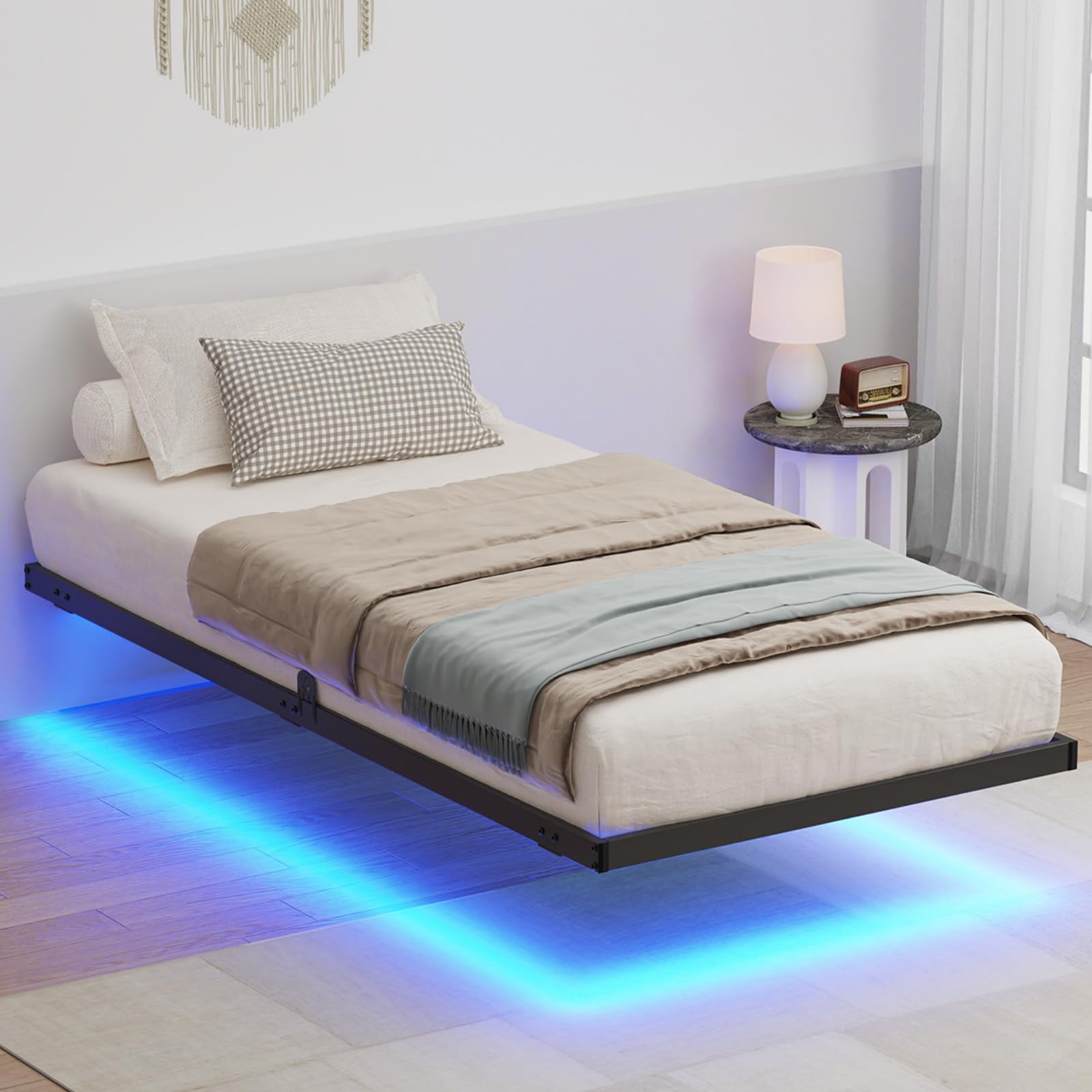 LUSIMO Twin Floating Bed Frame with RGB LED Lights, Heavy Duty Metal Platform and Underbed Storage, Black - WoodArtSupply