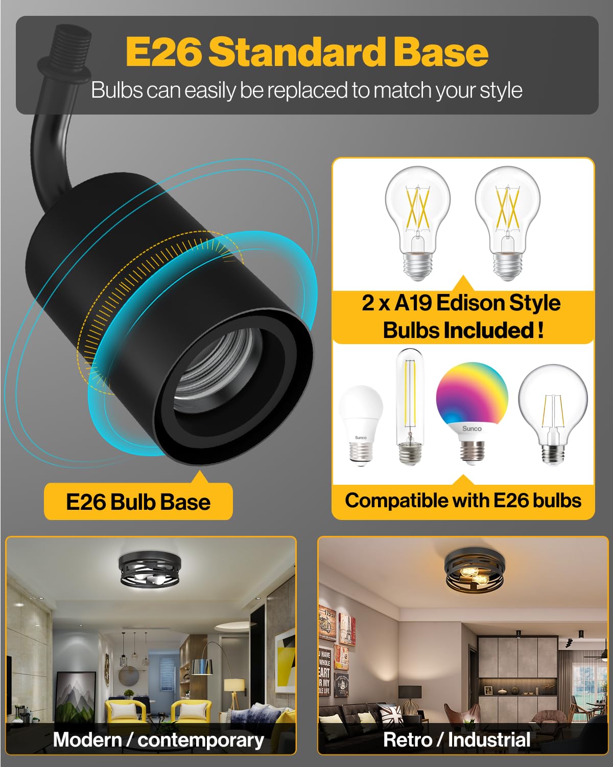 Sunco Flush Mount Ceiling Light, Farmhouse Light Fixtures, Hallway Ceiling Light Arcadia Industrial, 11" Diameter, 800 LM, Dimmable A19 Edison LED Bulbs Included, E26 Base, 8.5W=60W UL/ETL/T20 2 Pack Sunco Lighting