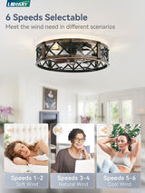 LEDIARY 20" Caged Ceiling Fan With Light, APP&Remote Control, Small Flush Mount Farmhouse Fan Lights, Low Profile Rustic Bladeless Ceiling Fan Fixtures For Bedroom, Kitchen-Black Gold Color LEDIARY