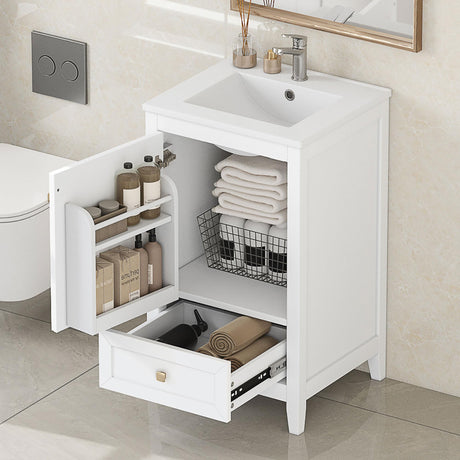 20" Bathroom Vanities with Ceramic Sink, Storage Rack Shelf and One Drawer, Solid Wood & MDF Board, White Merax