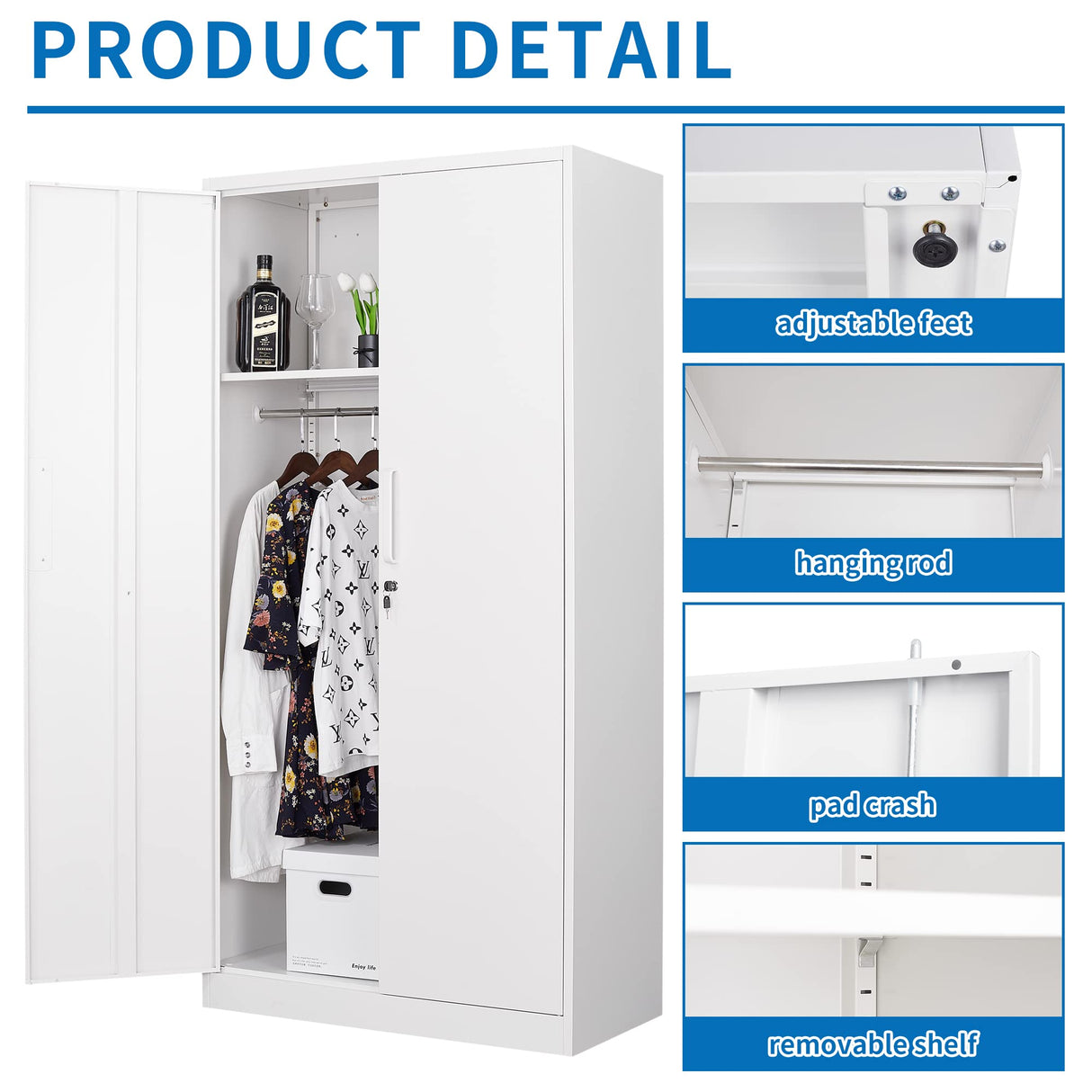 BYNSOE Metal Storage Locker Cabinet, Metal Locker 72” White Tall Steel Wardrobe, Employees Locker with Hanging Rod Shelves and Lockable Doors for Home,School,Office-Assembly Required (White-Style 3) BYNSOE