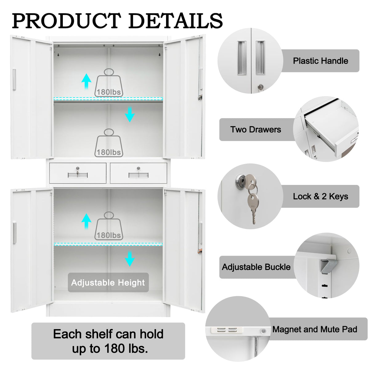 Wanfu Metal Storage Cabinet, Locking Storage Cabinet with Adjustable Shelves and 2 Drawers, 16" D x 32" W x 71" H Steel Cabinets for Office, Garage, Home, Classroom, Utility Room(White) Wanfu