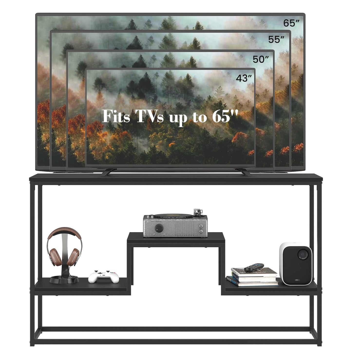 YOUDENOVA TV Stand for TVs up to 65 Inch, TV Console Table with 3-Tier Open Storage Shelves, Modern Industrial Entertainment Center for Living Room, Bedroom, Black