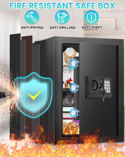 2.5 Cuft Fireproof Safe Box, Home Safe with Fireproof Waterproof Bag, Anti-Theft Digital Security Safe Box with Smart Alert System, Removable Shelf, Mute Function, Personal Safe Box for Money Jewelry