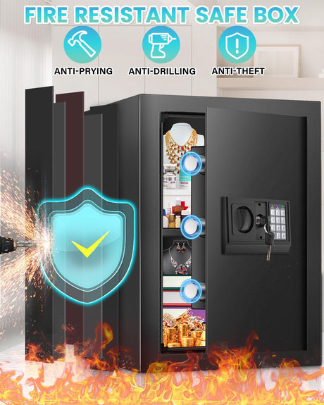 2.5 Cuft Fireproof Safe Box, Home Safe with Fireproof Waterproof Bag, Anti-Theft Digital Security Safe Box with Smart Alert System, Removable Shelf, Mute Function, Personal Safe Box for Money Jewelry FOWORE