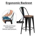 Alunaune 24" Swivel Metal Bar Stools Set of 4 High Back Counter Height Barstools Industrial Dining Bar Chairs with Large Wooden Seat-Matte Black Alunaune