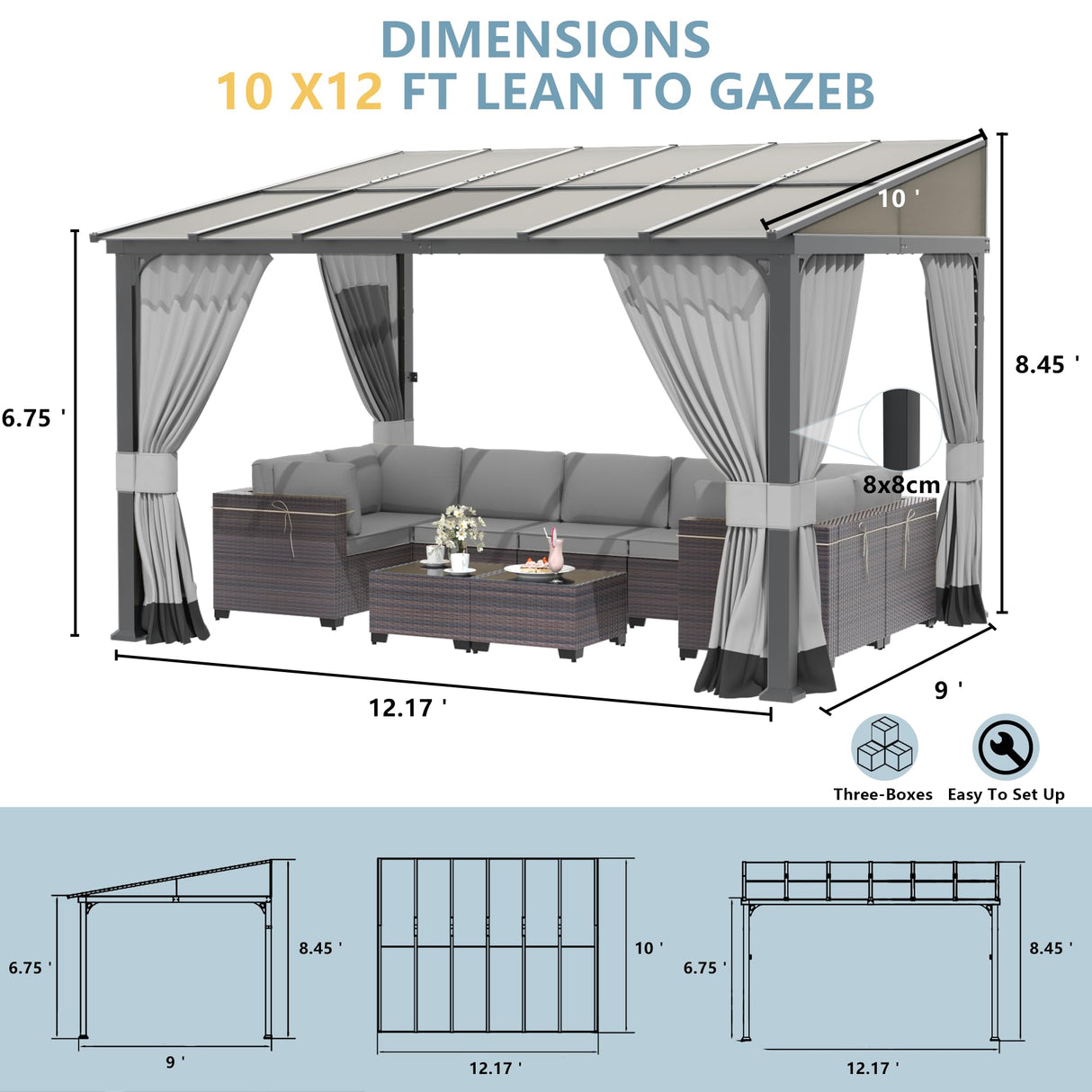 Kurapika 10’ x 12’ Gazebo, Wall Mount Gazebo Outdoor Pergola, Hardtop Lean to Gazebo Canopy Awnings with Sloped Roof and Sturdy Steel Frame, for Patio, Porch, Deck, Backyard(Grey) Kurapika
