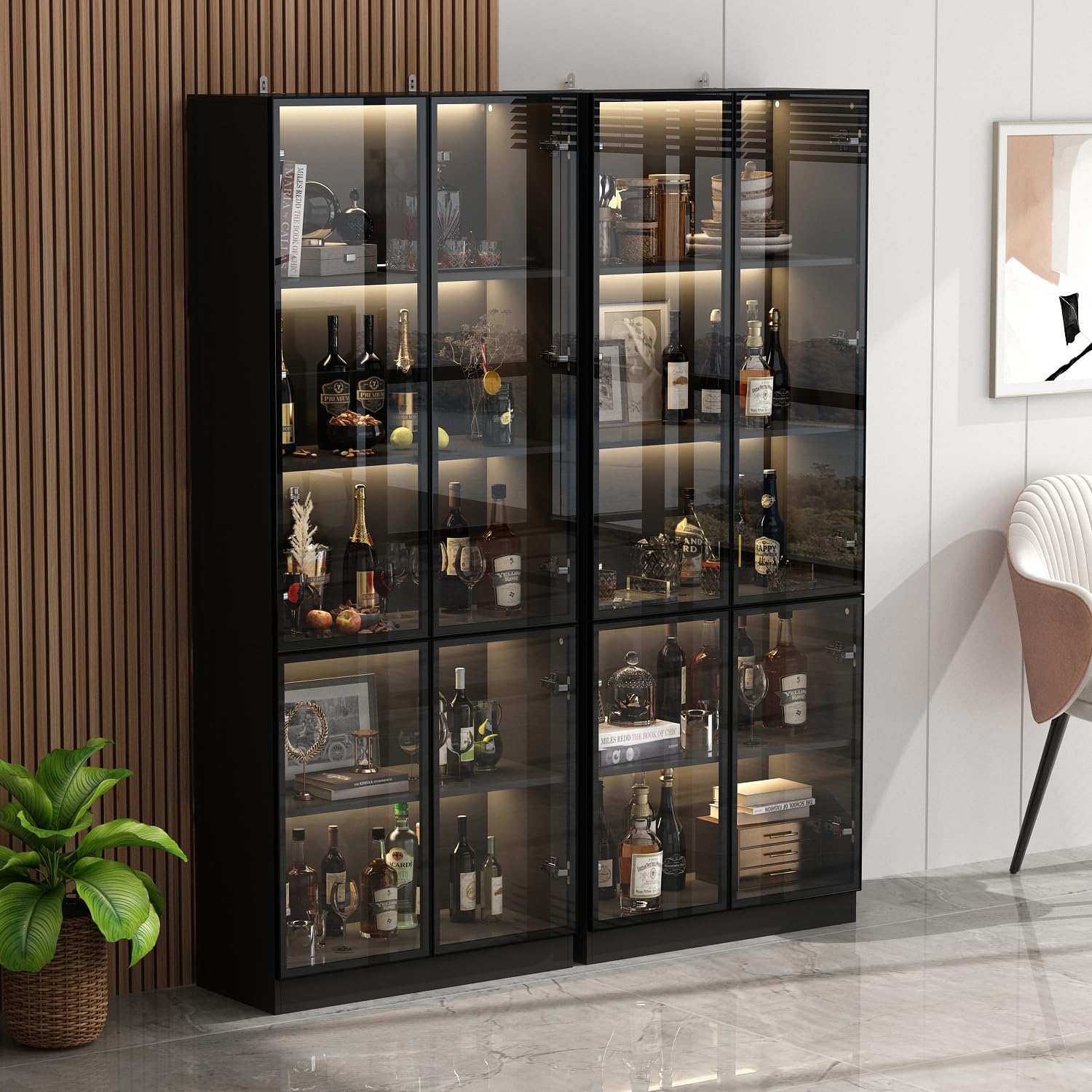 Homsee 5-Tier Black Bookcase with Glass Doors and LED Lighting for Stylish Storage - WoodArtSupply