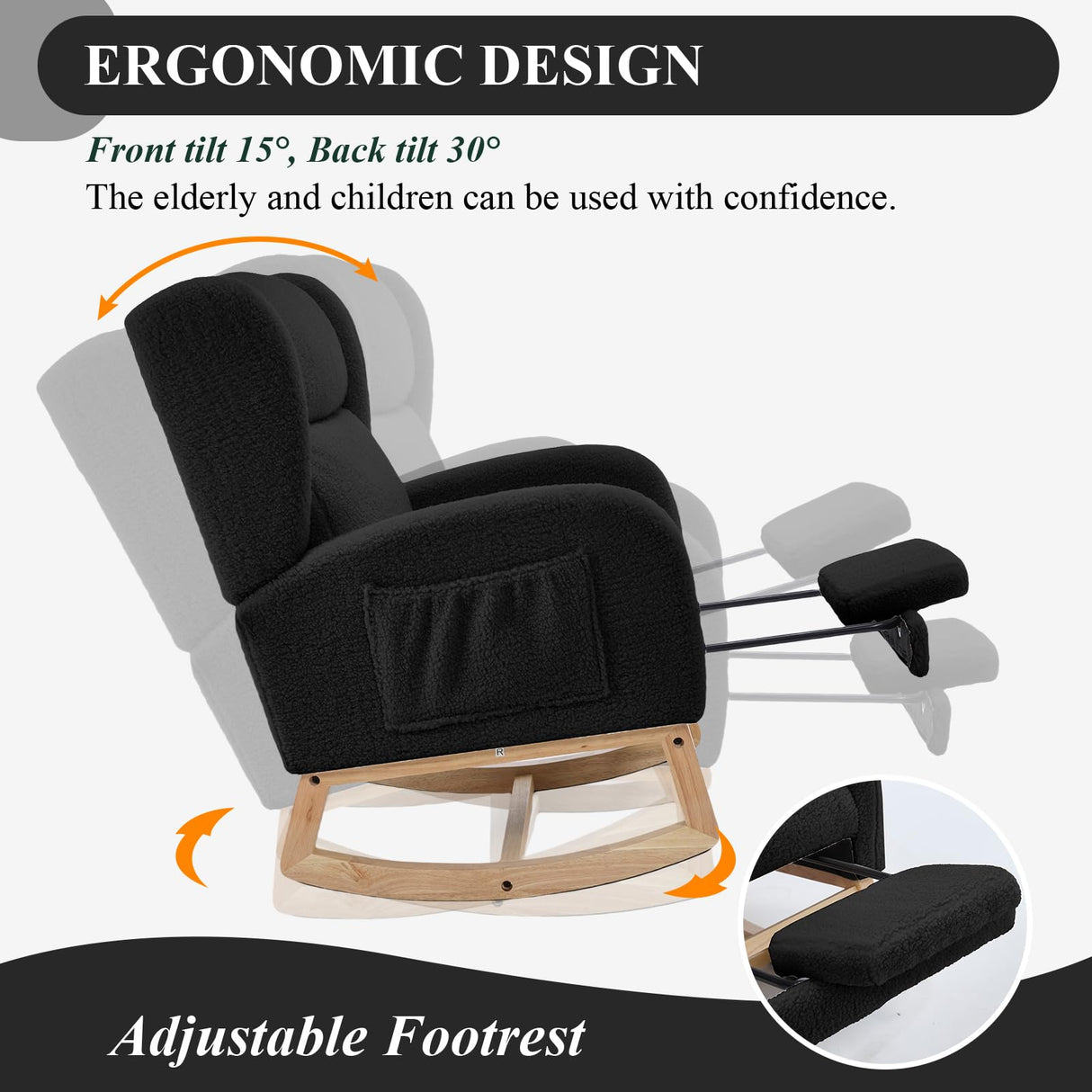 NIOIIKIT Nursery Rocking Chair with Footrest, Teddy Upholstered Glider Chair, Nursery Gliding Recliner with Side Pocket, Glider Rocker for Living Room (Black Teddy) NIOIIKIT