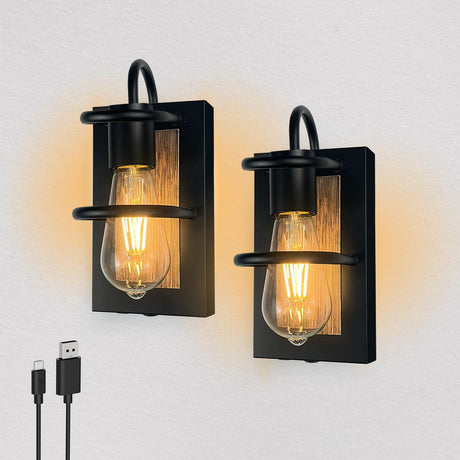 ThyFenno Vintage Battery Operated Wall Lights with Faux-Wood Finish, Dimmable Wall Lamp No Wiring Easy to Install, Cordless Rechargeable Wall Sconce for Farmhouse Living Room Bedroom Hallway ThyFenno