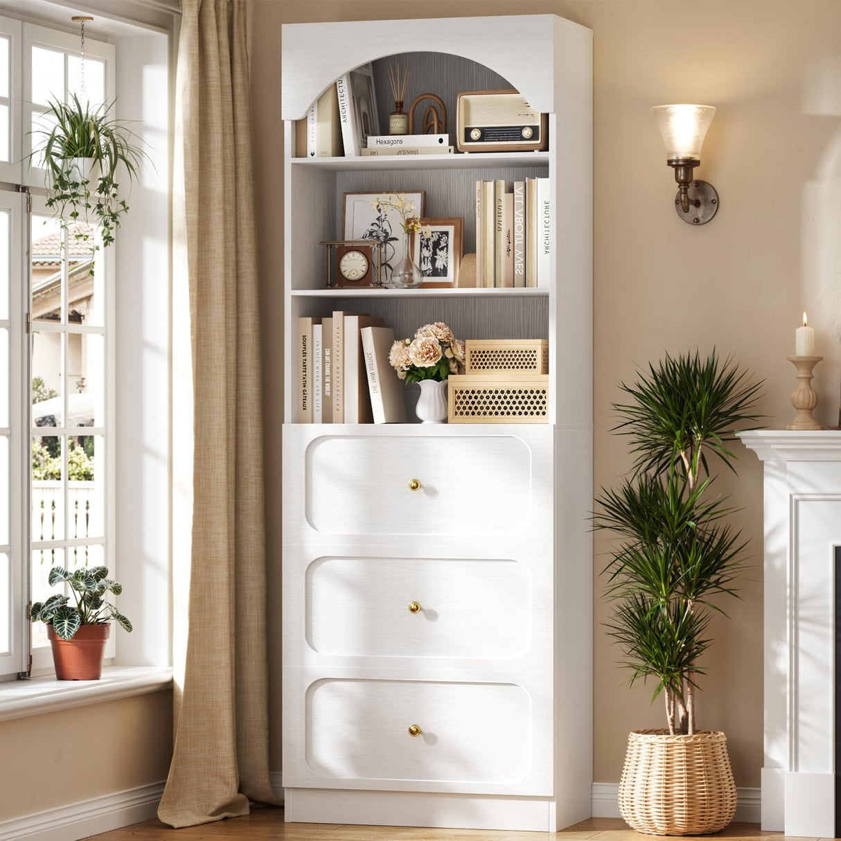 Cyclysio 80" Tall Bookshelf with 3 Drawers, Arched Bookcase with 3-Tier Open Shelves, Wooden Pantry Storage Organizer Cabinets with Seamless Fit Wall for Living Room, Kitchen, Bathroom (White) Cyclysio