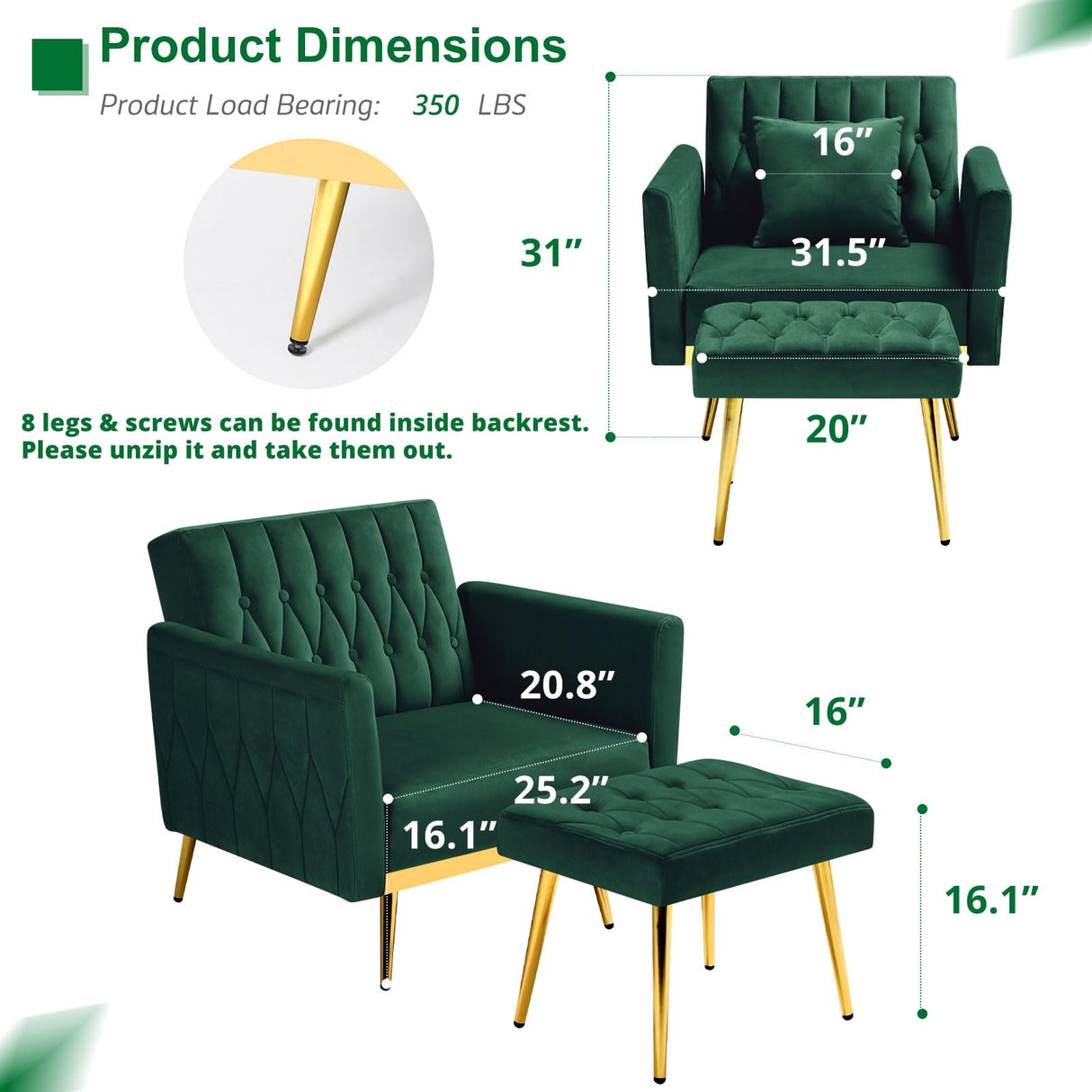 ACMEASE Velvet Accent Chair with Adjustable Armrests and Backrest, Button Tufted Lounge Chair, Single Recliner Armchair with Ottoman and Pillow for Living Room, Bedroom, Green ACMEASE