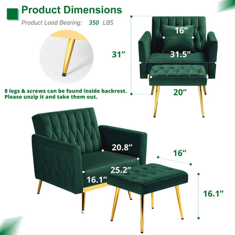 ACMEASE Velvet Accent Chair with Adjustable Armrests and Backrest, Button Tufted Lounge Chair, Single Recliner Armchair with Ottoman and Pillow for Living Room, Bedroom, Green ACMEASE
