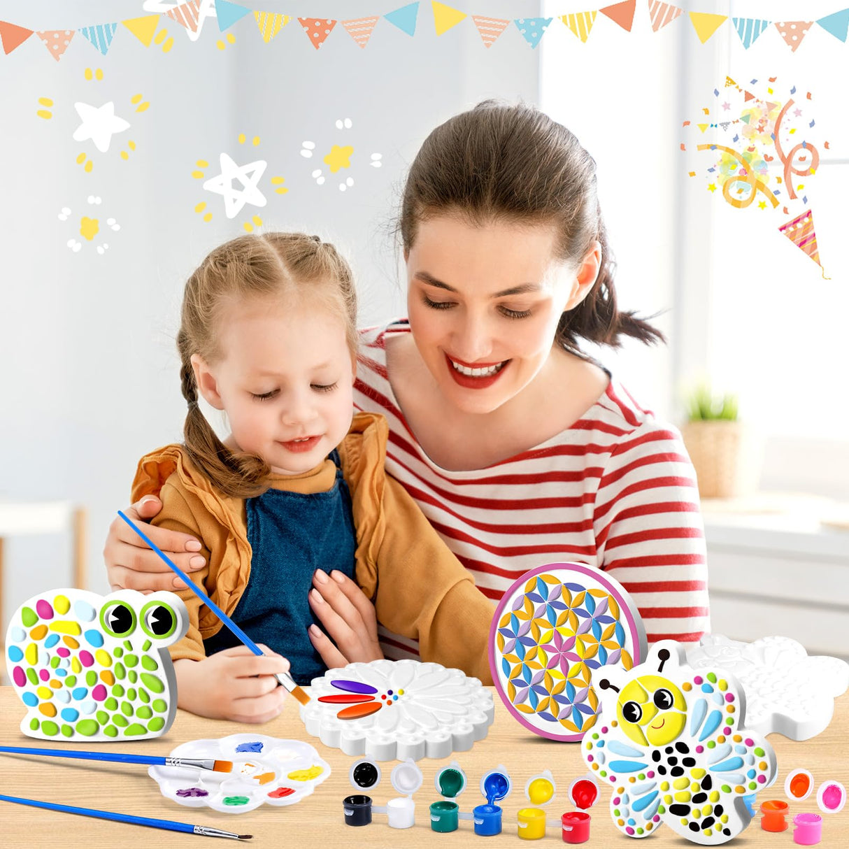 PullCrease 6 Pack Paint Your Own Plaster Stones - Kids Summer Arts and Crafts Garden Handprint Stepping Stone Painting Kit DIY Ceramic Craft Pottery Outdoor Painting Gifts for Kids Ages 4-12 PullCrease