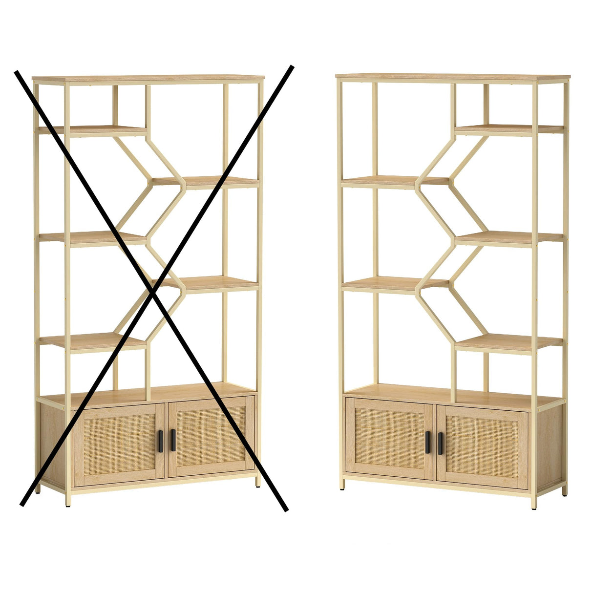 Rattan Bookshelf with 1 Natural Rattan Storage Cabinet and 7 Open Display Shelves, 7 Tier Bookshelf w/Adjustable Shleves & Foot Pad for Living Room, Bedroom, Office, Metal Shelves, Natural Voohek