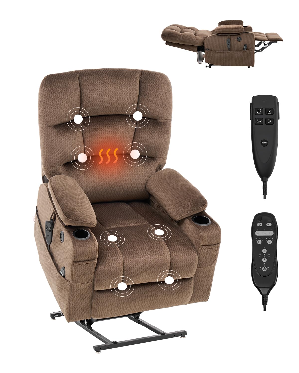 VEVOR Power Lift Recliner Chair, Dual Motor Lift Chair with Heat and Massage for Elderly, 2 Cup Holders and USB Port Infinite Position Adjustment Electric Recliner (Large, Brown) VEVOR