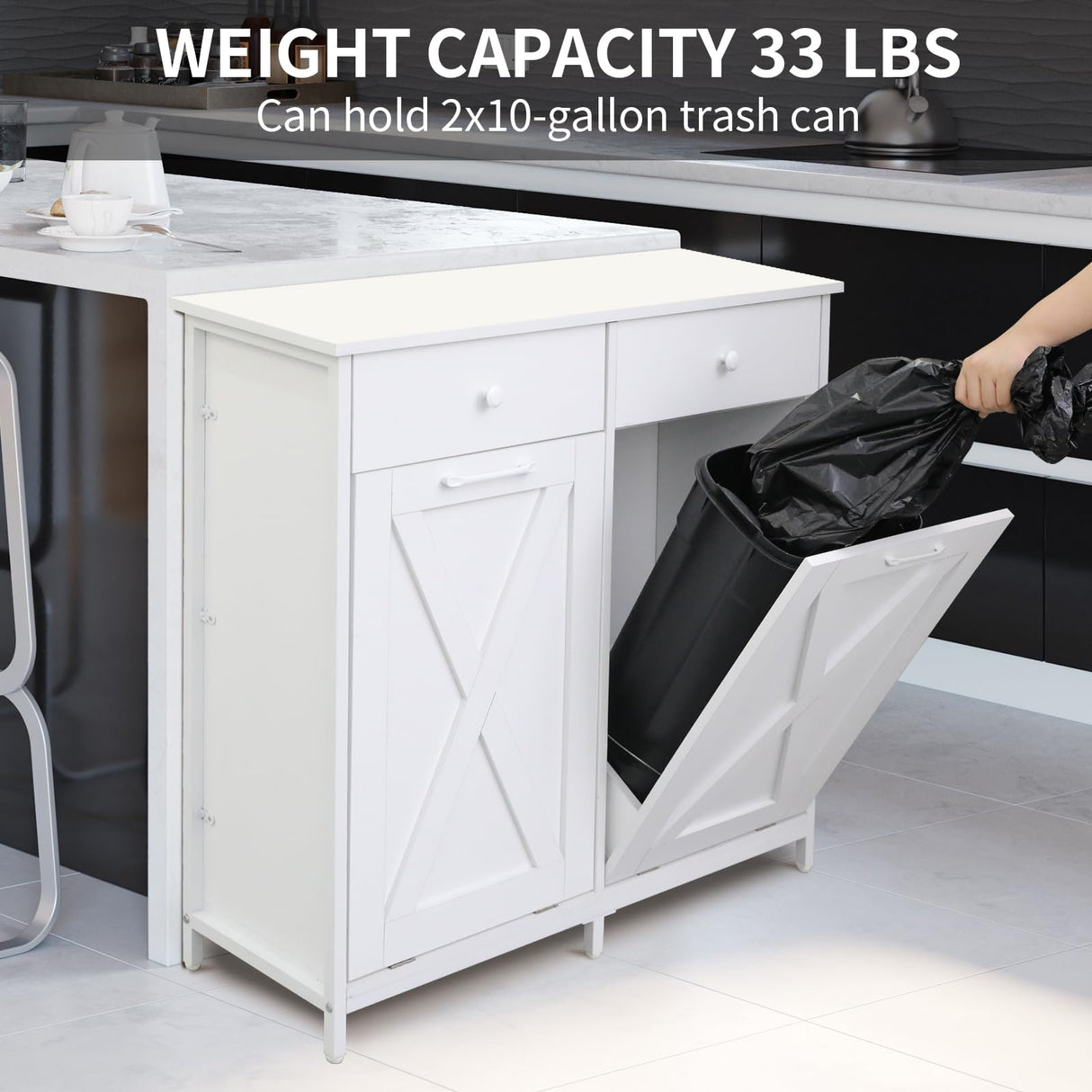 MAMIZO Double Tilt Out Trash Cabinet 10 Gallon*2,Kitchen Garbage Cabinet,Pet-Proof Standing Hidden Dual Laundry Sorter,W/Hideaway Drawer,for Kitchen,Living,Dining Room (White) MAMIZO