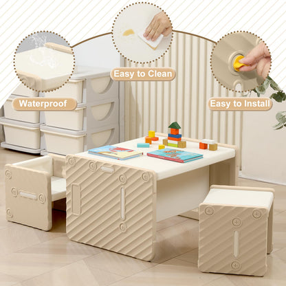 KORIMEFA Montessori Weaning Table and Chairs for Toddlers Age 1-6, Kids Table and 2 Chairs Set, Plastic Activity Table for Reading/Eating/Playing, Gift for Boys & Girls, Beige