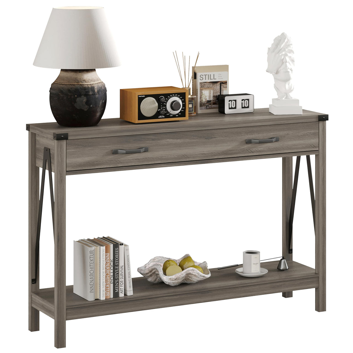 ChooChoo 47'' Farmhouse Console Table with Drawer, Entryway Table with Storage Shelf, Rustic A-Design Sofa Table for Hallway, Entrance, Living Room, Grey ChooChoo