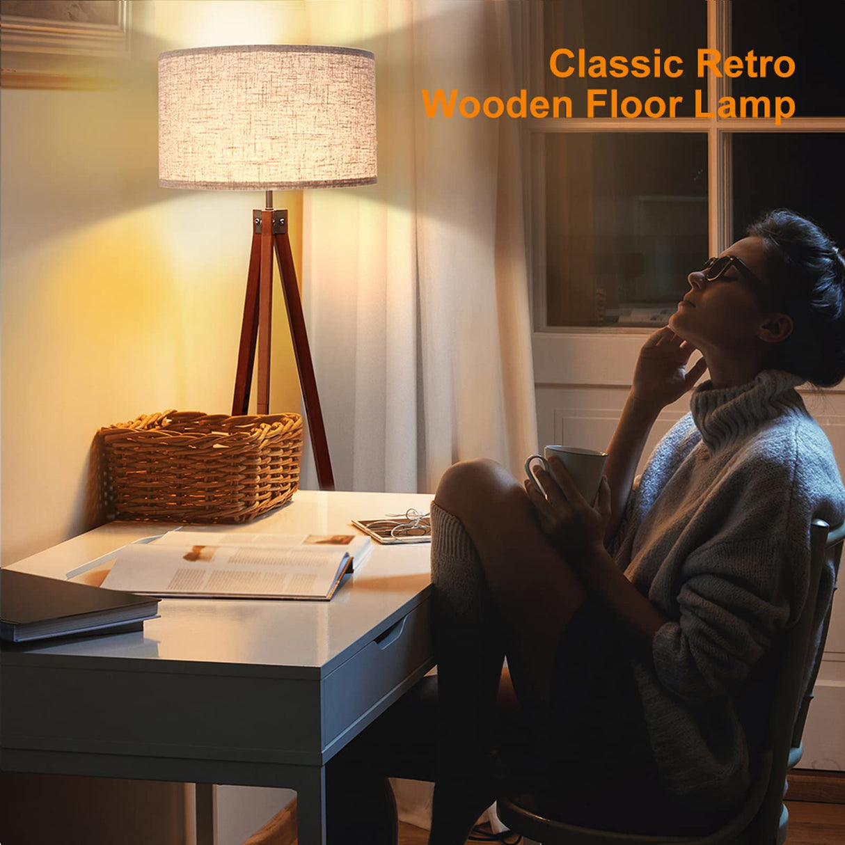 LEPOWER Wood Tripod Floor Lamp, Mid Century Standing Lamp, Modern Design Studying Light for Living Room, Bedroom, Study Room and Office, Flaxen Lamp Shade with E26 Lamp Base LEPOWER