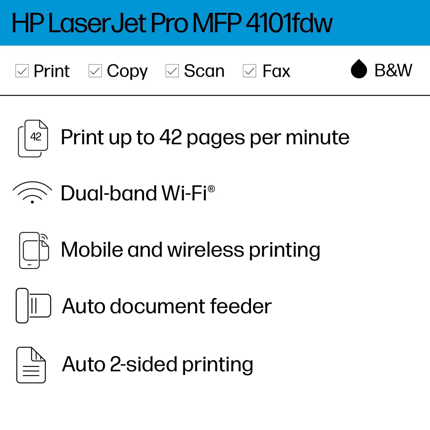 HP LaserJet Pro MFP 4101fdw Wireless Black & White All-in-One Laser Printer, Scanner, Copier, Fax, Best-for-Office (2Z619F)