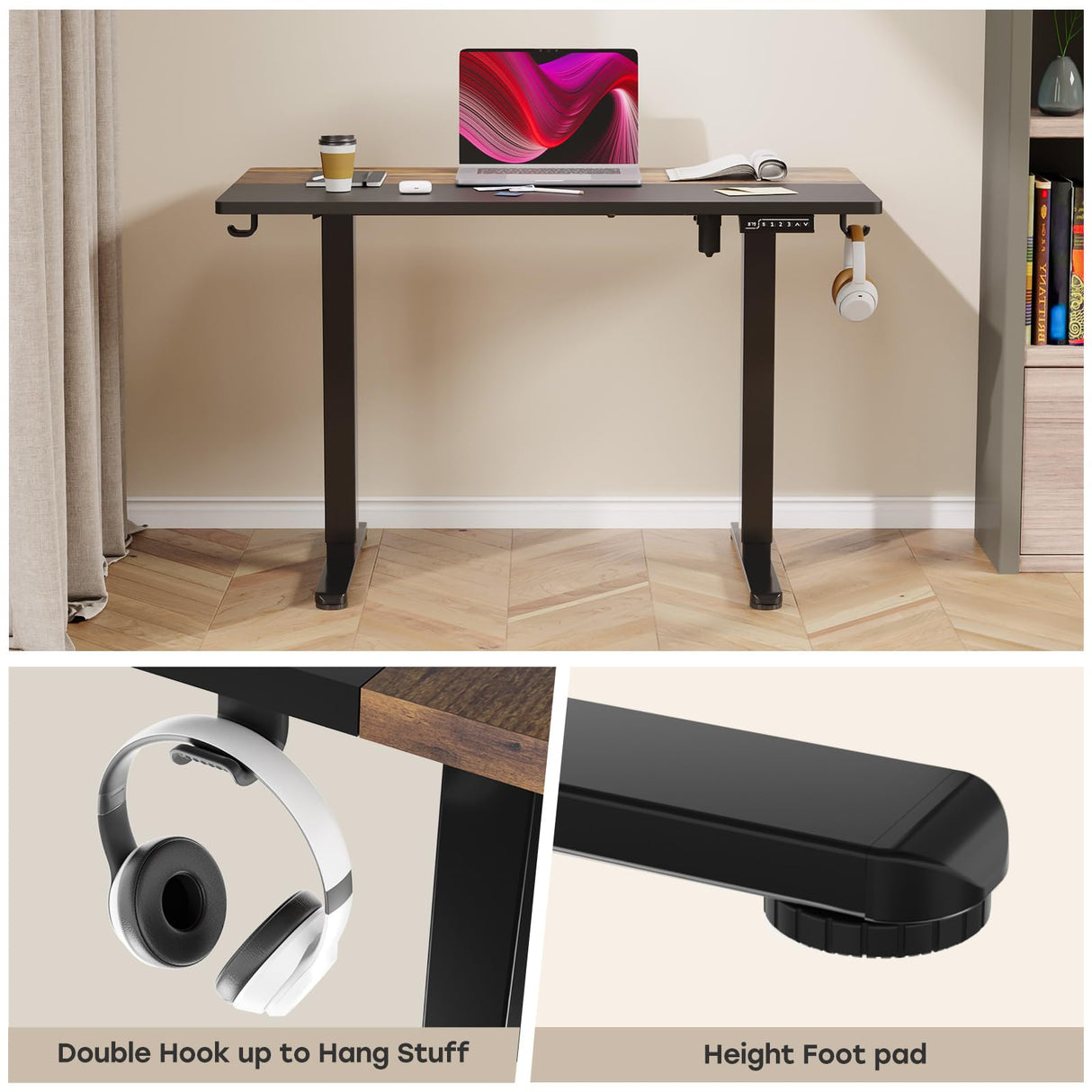 JYLH JOYSEEKER Electric Standing Desk, 48 X 24 Inch Adjustable Height Table, Sit Stand Desk with 2 Hooks, Ergonomic Rising Desk with Splice Board，Black & Rustic Brown JYLH JOYSEEKER