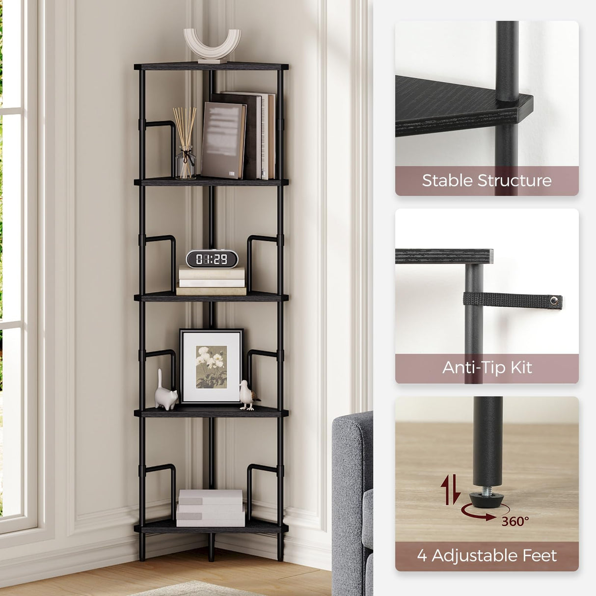 MAHANCRIS 52.8" Corner Shelf, 5-Tier Industrial Corner Bookshelf with Metal Frame, Small Plant Stand, Display Shelf for Living Room, Bedroom, Home Office, Small Spaces, Black CSBK5501 MAHANCRIS
