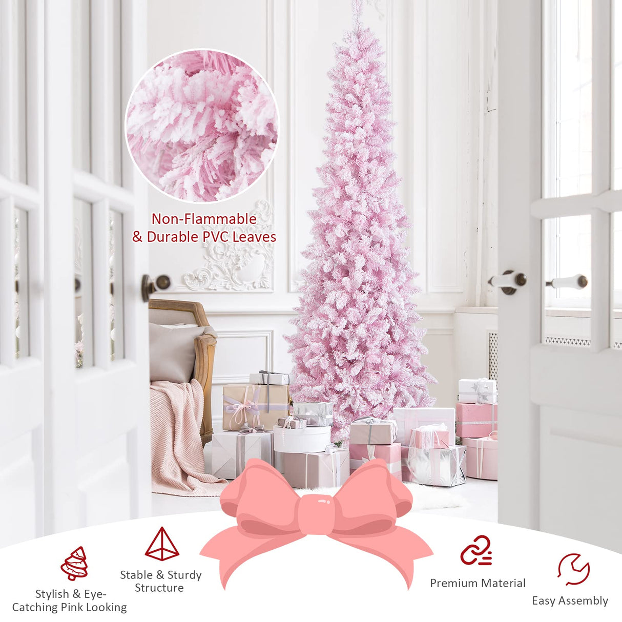 Goplus 7ft Pink Pre-Lit Pencil Christmas Tree, Snow Flocked Artificial Slim Tree with 800 Branch Tips, 300 LED Lights, 8 Lighting Modes, Life-Like Hinged Xmas Tree for Indoor Home Office Holiday Decor Goplus