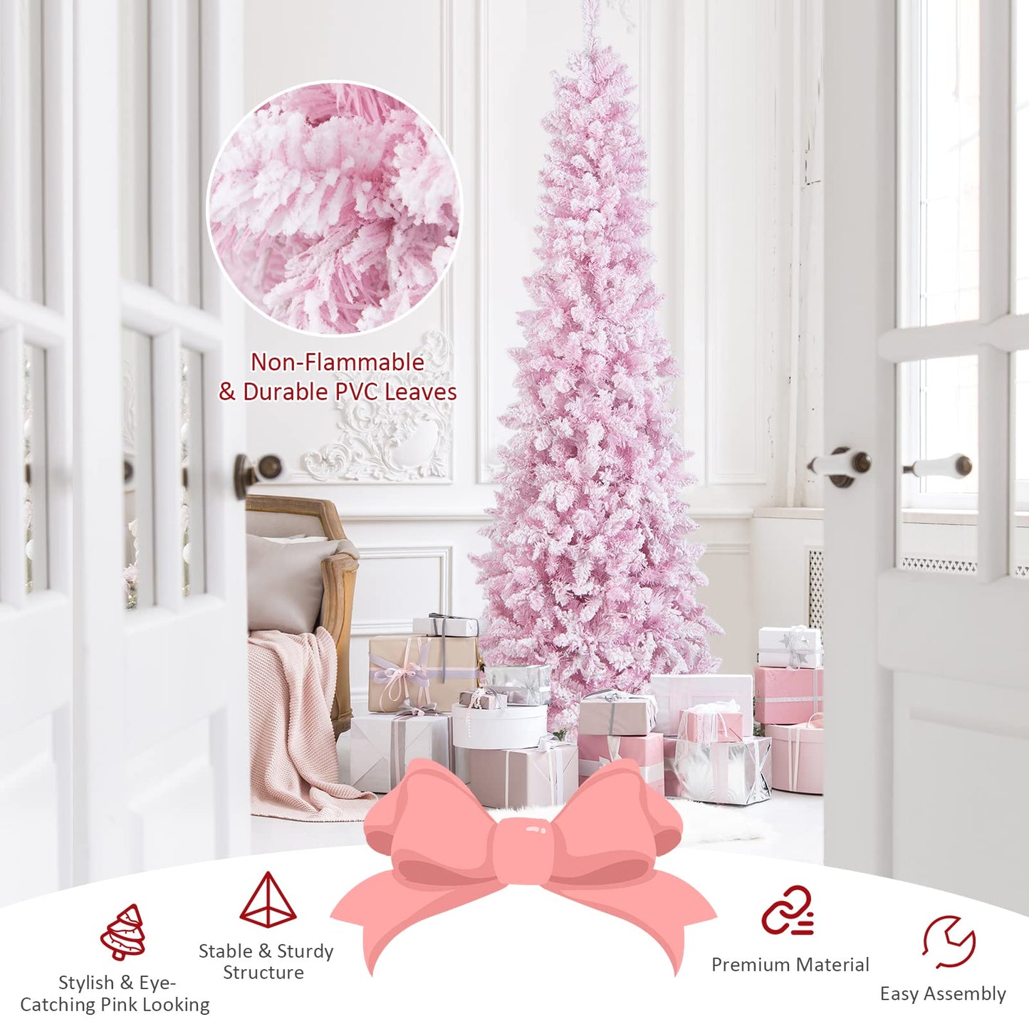 Goplus 7ft Pink Pre-Lit Pencil Christmas Tree, Snow Flocked Artificial Slim Tree with 800 Branch Tips, 300 LED Lights, 8 Lighting Modes, Life-Like Hinged Xmas Tree for Indoor Home Office Holiday Decor