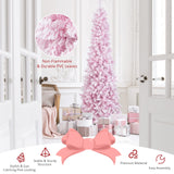Goplus 7ft Pink Pre-Lit Pencil Christmas Tree, Snow Flocked Artificial Slim Tree with 800 Branch Tips, 300 LED Lights, 8 Lighting Modes, Life-Like Hinged Xmas Tree for Indoor Home Office Holiday Decor Goplus