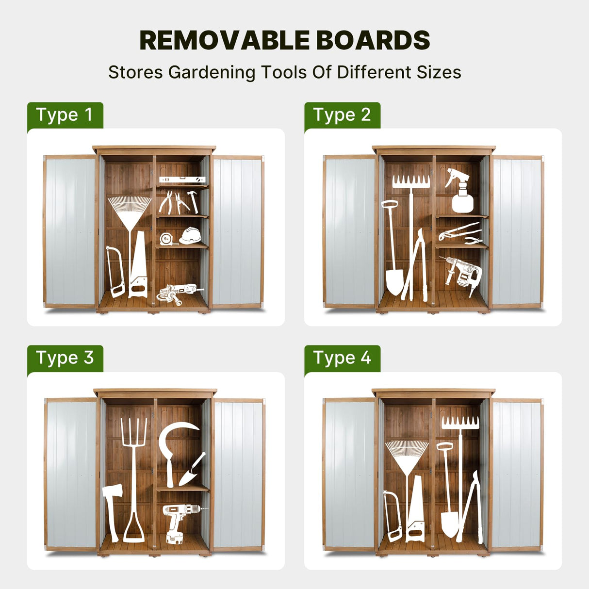 Outdoor Storage Cabinet Wood & Metal with Waterproof Roof, Garden Tool Shed with 4 adjustable reinforced feet with metal brackets, 3 Removable Shelves, 6 T-Hinge, Magnetic door,18.1"D x 49"W x 68.5"H Gowoodhut