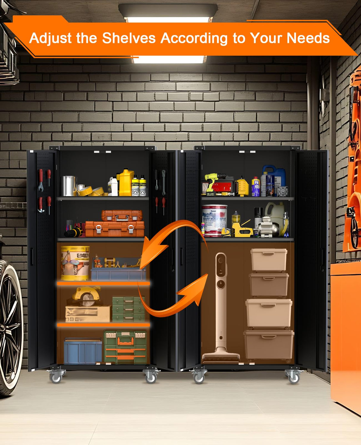 Metal Storage Cabinet 72" H with Wheels, Steel Tool Cabinet with Pegboard and 4 Adjustable Shelves, Lockable Rolling Garage Cabinet for Home,Garage,Office Organization GarveeHome