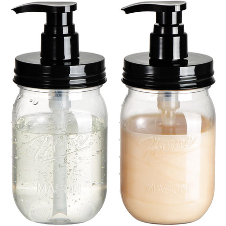 Amolliar Plastic Mason Jar Soap Dispenser with Pump Lid,16OZ Refillable BPA-Free Hand Soap Dispenser Set with Cute Lables - Farmhouse Decor for Kitchen/Bathroom,Liquid Soap,Dish Soap, Lotion (2 Pack) Amolliar