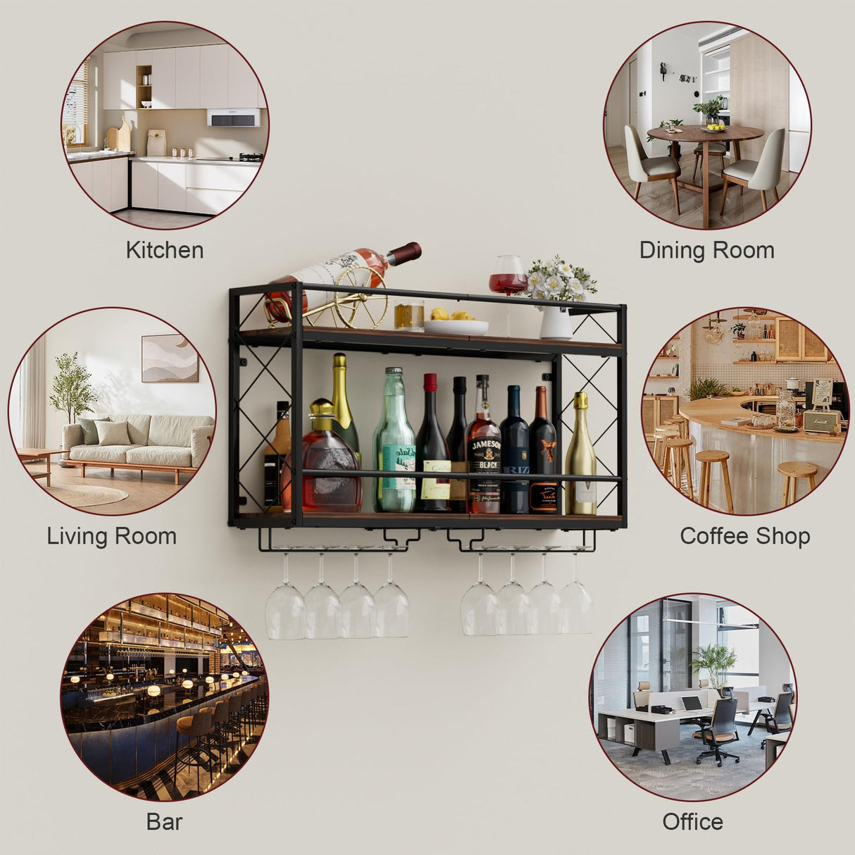 NEYCIL Wall Mounted 2 Tier Wine Rack with Glass Holder, Double Layer Anti-Drop Crossbar, 31.5" Metal Wood Wall Mount Wine Rack for Home Kitchen Dining Room Coffee Shop Bar, Black NEYCIL