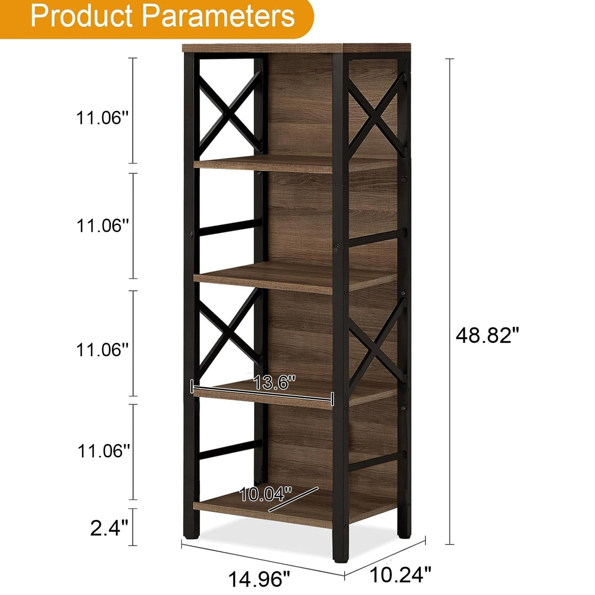 MNEETRUNG Small Bookshelf,5 Tier Industrial Bookshelf with Metal Frame and Backboard,Narrow Rustic Brown Book Shelf,Book case for Small Spaces,Living Room,Bedroom and Home Office MNEETRUNG